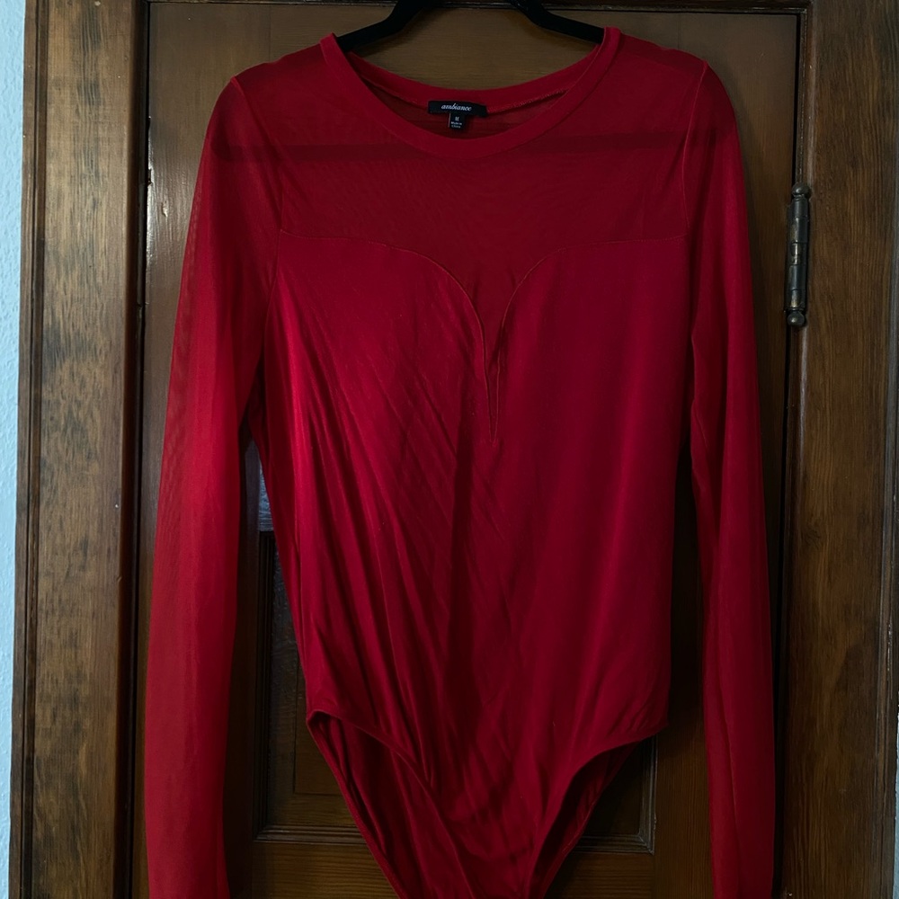 Ambiance Vibrant Red Sheer Long Sleeve Bodysuit